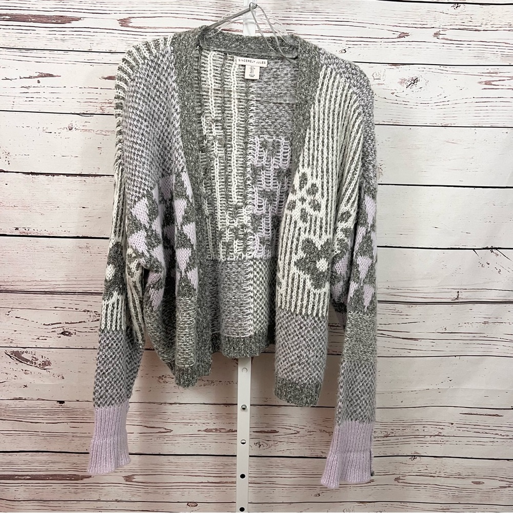 Sincerely Jules Gray Light Purple White Patterned Cardigan Sweater Size Large